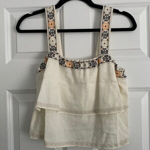 Madewell linen top with beautiful detailing on shoulder straps and neck line